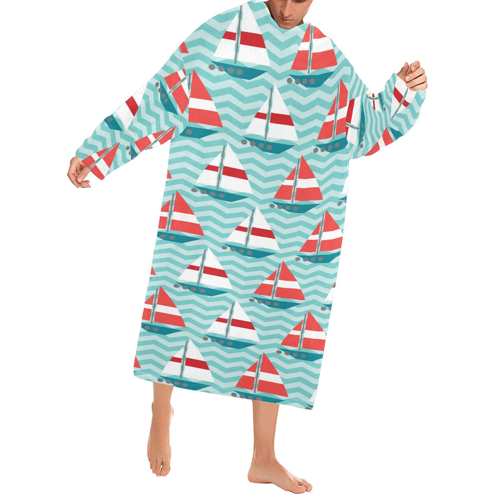 Red White sailboat wave background Blanket Robe with Sleeves