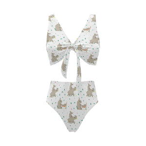 Cute Rhino pattern background Chest Bowknot High Waisted Bikini Swimsuit