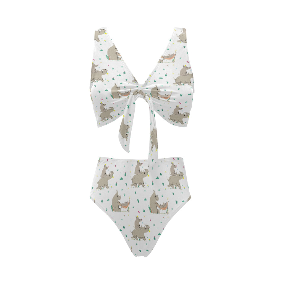 Cute Rhino pattern background Chest Bowknot High Waisted Bikini Swimsuit