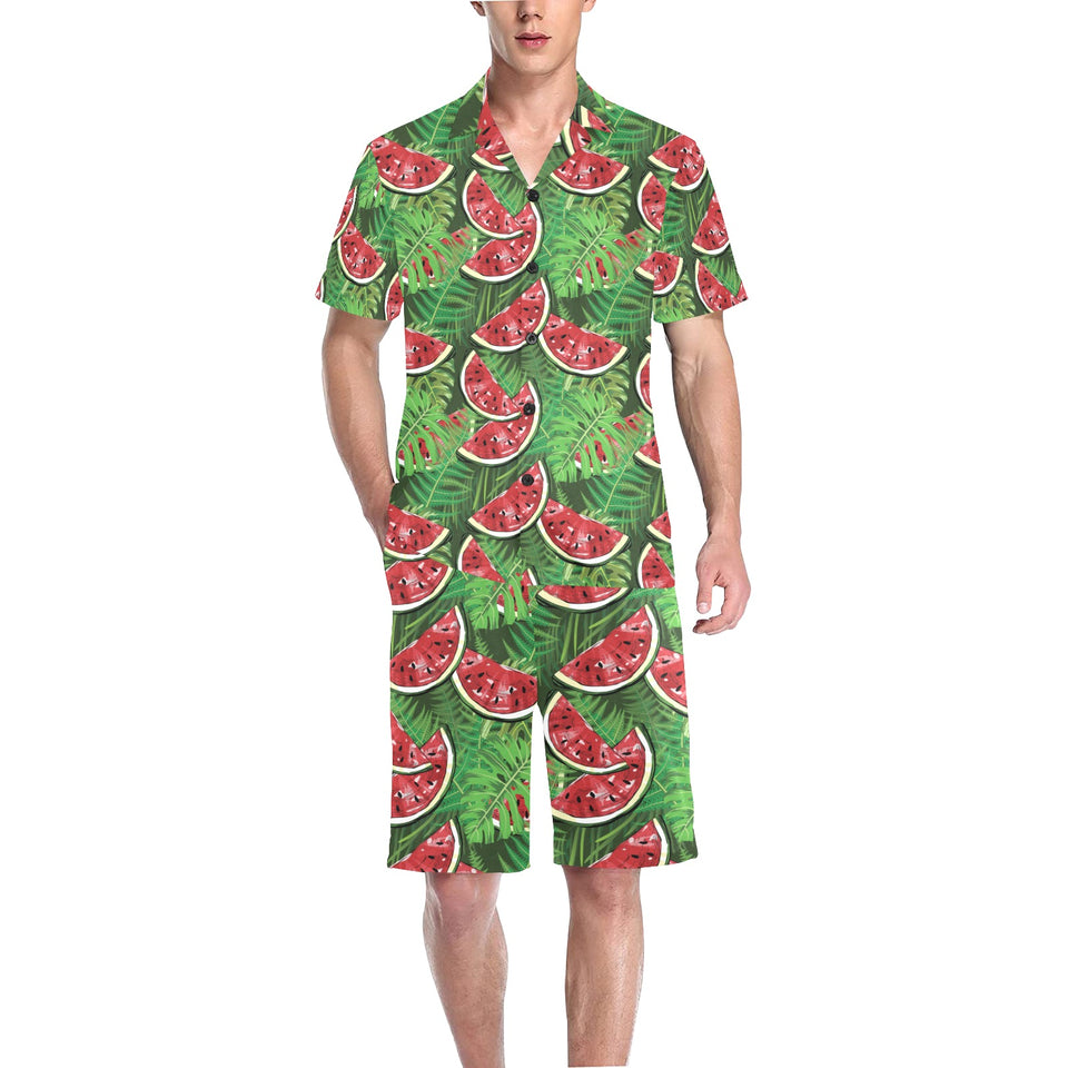 Watermelons tropical palm leaves pattern backgroun Men's V-Neck Short Pajama Set