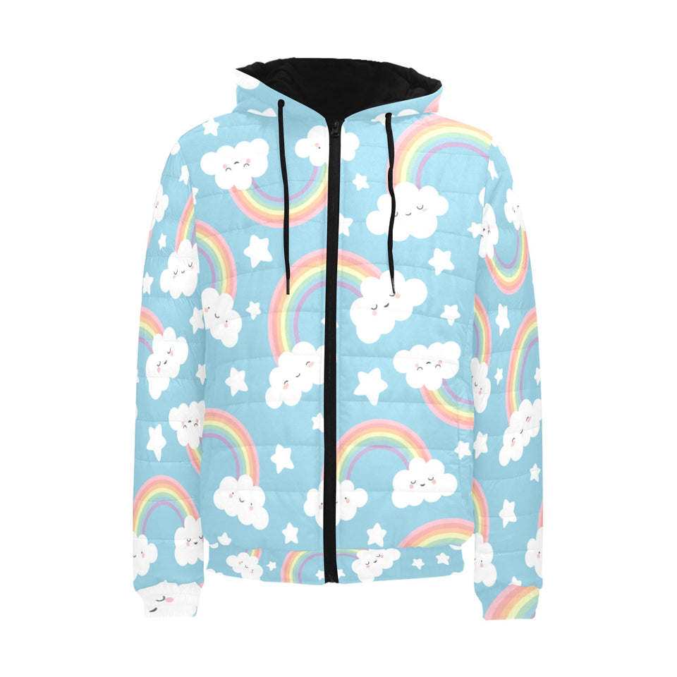 Cute rainbow clound star pattern blue background Men's Padded Hooded Jacket
