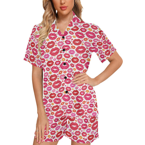 Lips Pattern Print Design 01 Women's V-Neck Short Pajama Set