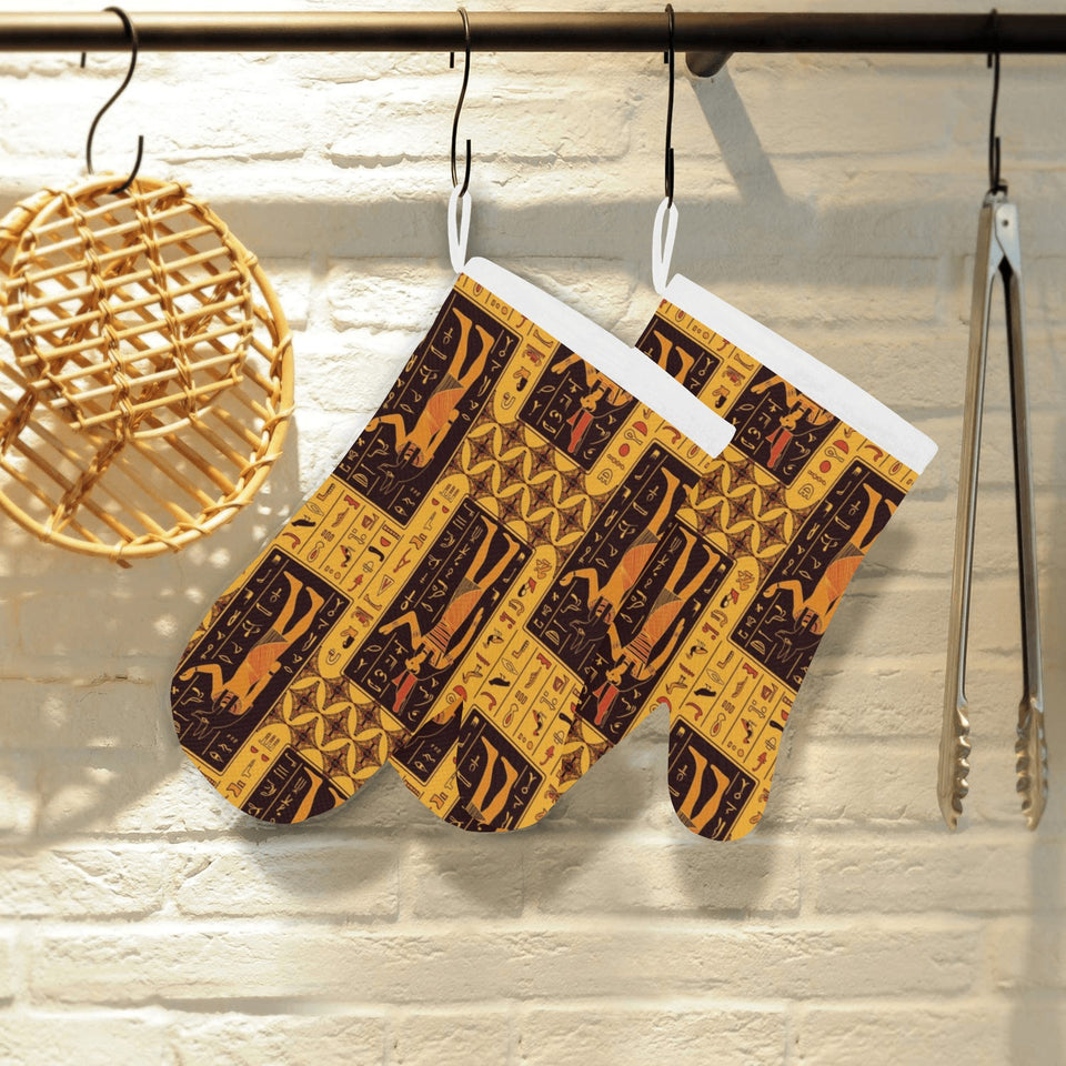 Egypt Hieroglyphics Pattern Print Design 05 Heat Resistant Oven Mitts