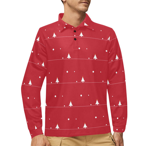 Christmas tree star snow red background Men's Long Sleeve Polo Shirt