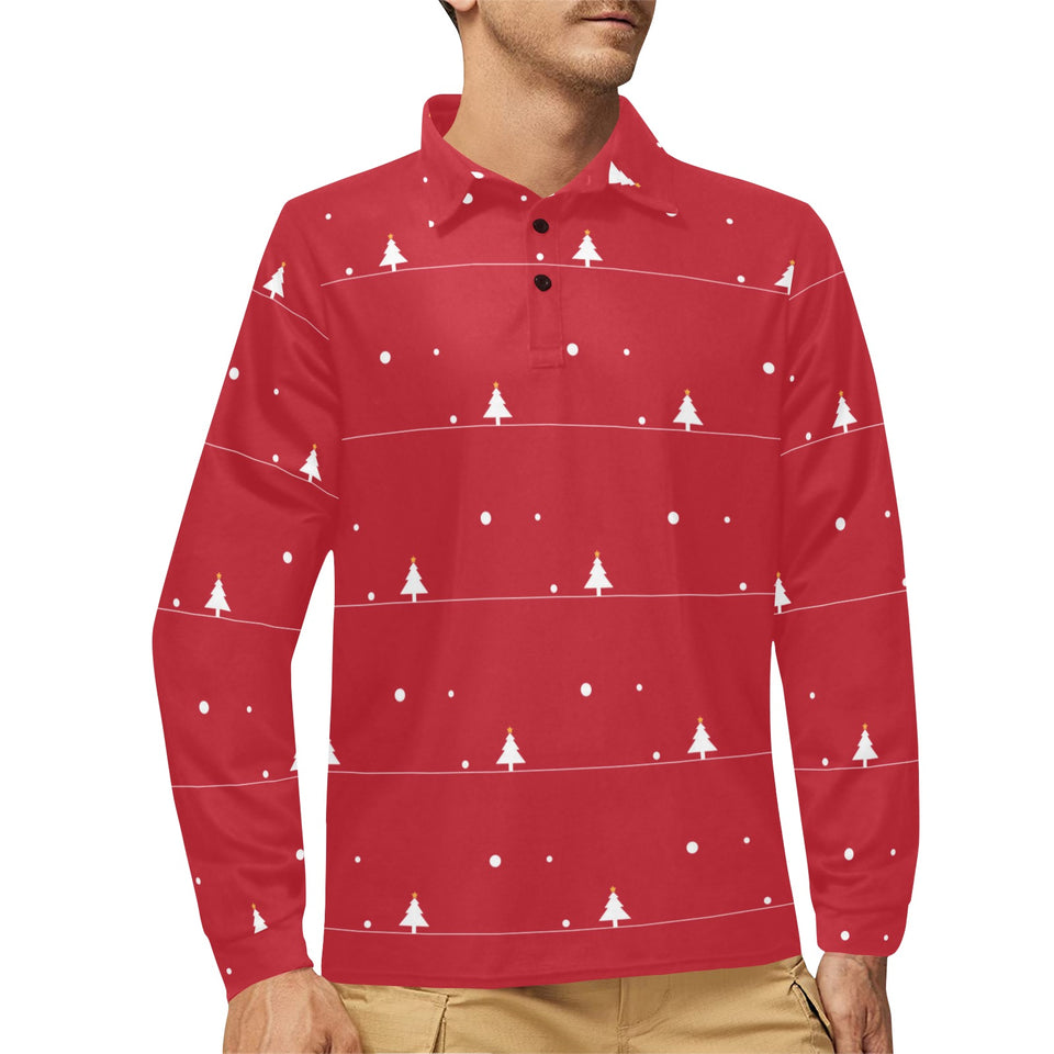 Christmas tree star snow red background Men's Long Sleeve Polo Shirt