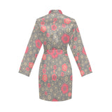 Red gold Sakura cherry blossom gray background Women's Long Sleeve Belted Night Robe