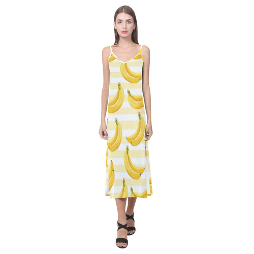 Banana pattern blackground V-Neck Open Fork Long Dress
