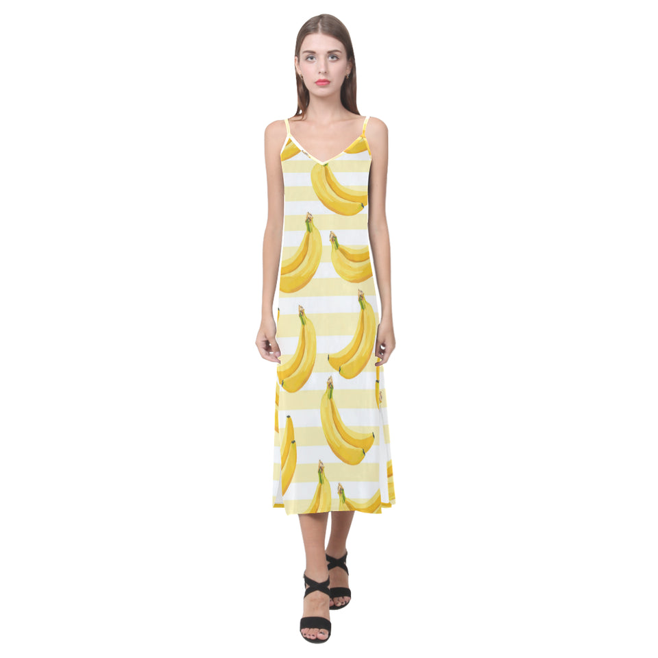 Banana pattern blackground V-Neck Open Fork Long Dress