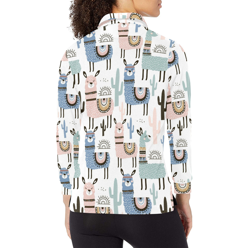 lama Alpaca cactus hand drawn pattern Women's Long Sleeve Polo Shirt