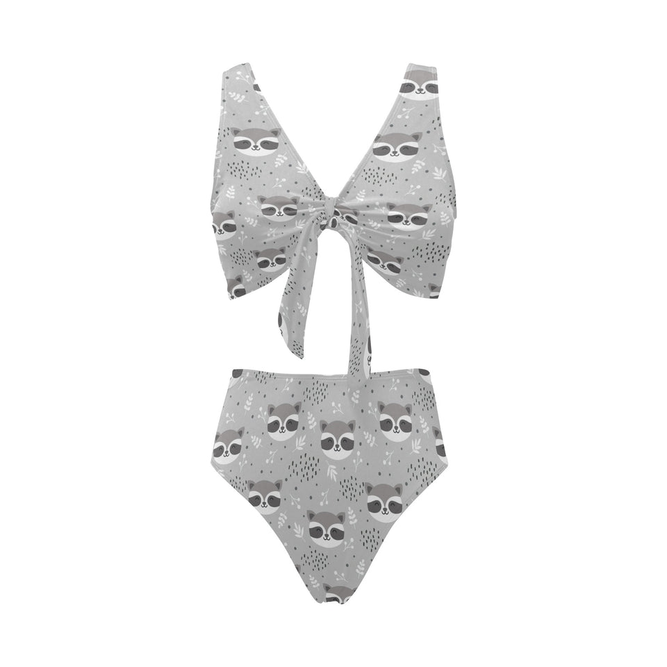 Cute raccoons leaves dot Chest Bowknot High Waisted Bikini Swimsuit