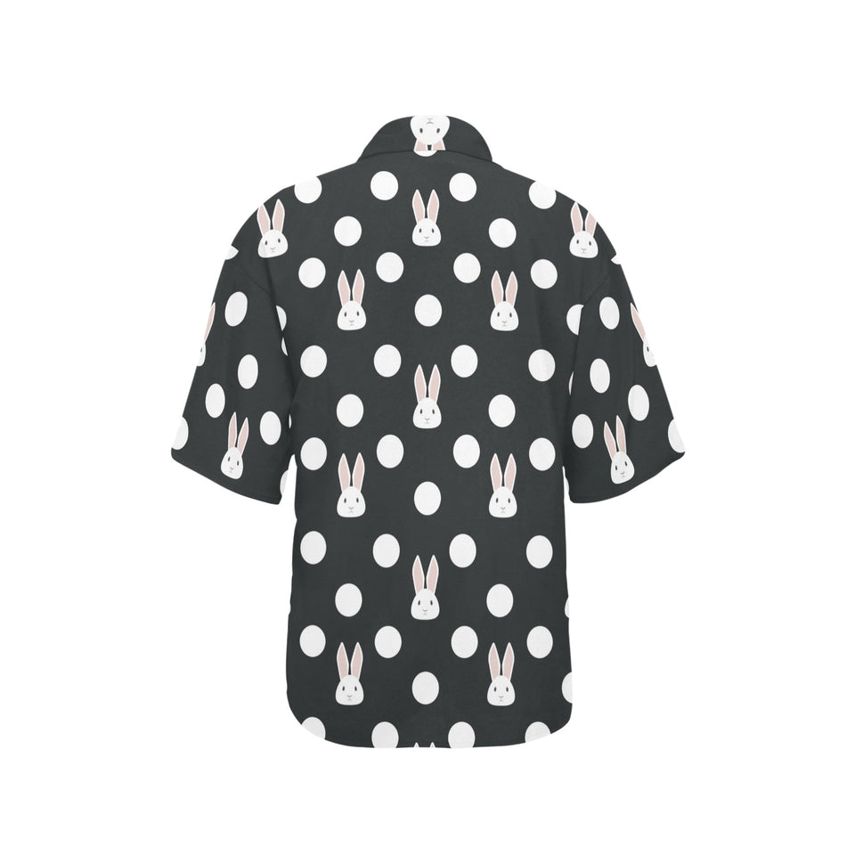 Cute white rabbit polka dots black background Women's All Over Print Hawaiian Shirt