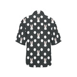 Cute white rabbit polka dots black background Women's All Over Print Hawaiian Shirt