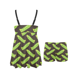 Green Peas Pattern Print Design 05 Chest Sexy Pleated Two Piece Swim Dress