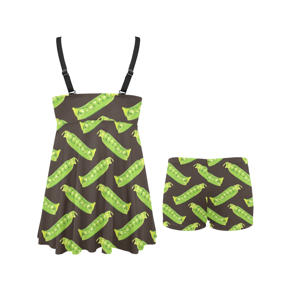 Green Peas Pattern Print Design 05 Chest Sexy Pleated Two Piece Swim Dress