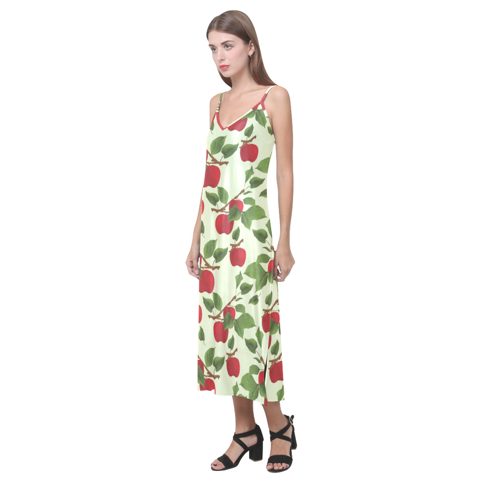 Red apples leaves pattern V-Neck Open Fork Long Dress