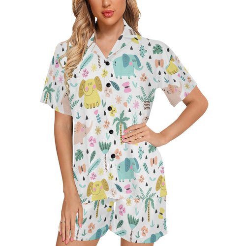 Cute elephants palm tree flower butterfly pattern Women's V-Neck Short Pajama Set