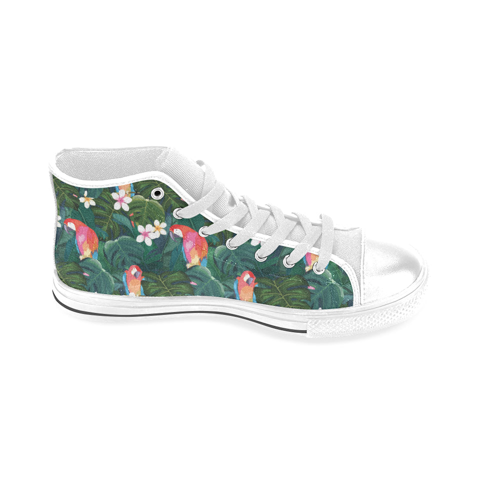 Parrot Palm tree leaves flower hibiscus pattern Men's High Top Canvas Shoes White