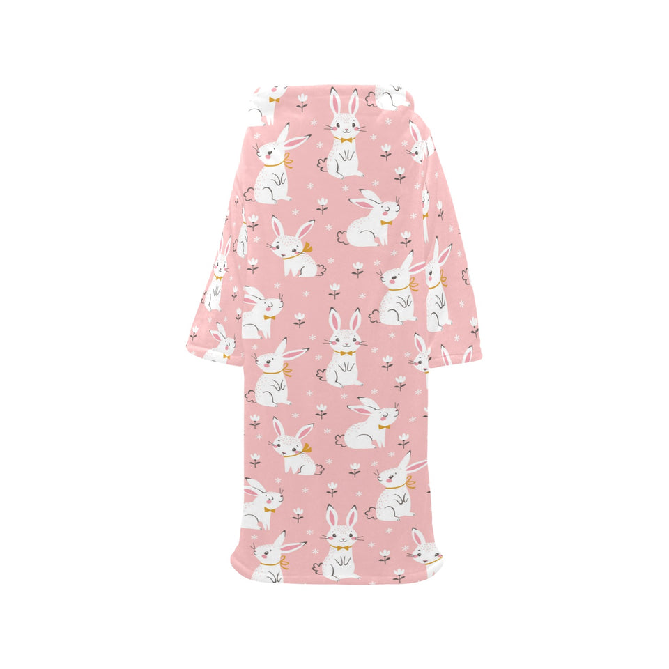 Cute white rabbit flower pink background Blanket Robe with Sleeves