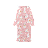 Cute white rabbit flower pink background Blanket Robe with Sleeves