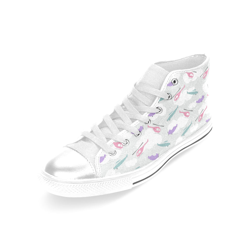 Helicopter plane pattern Women's High Top Canvas Shoes White