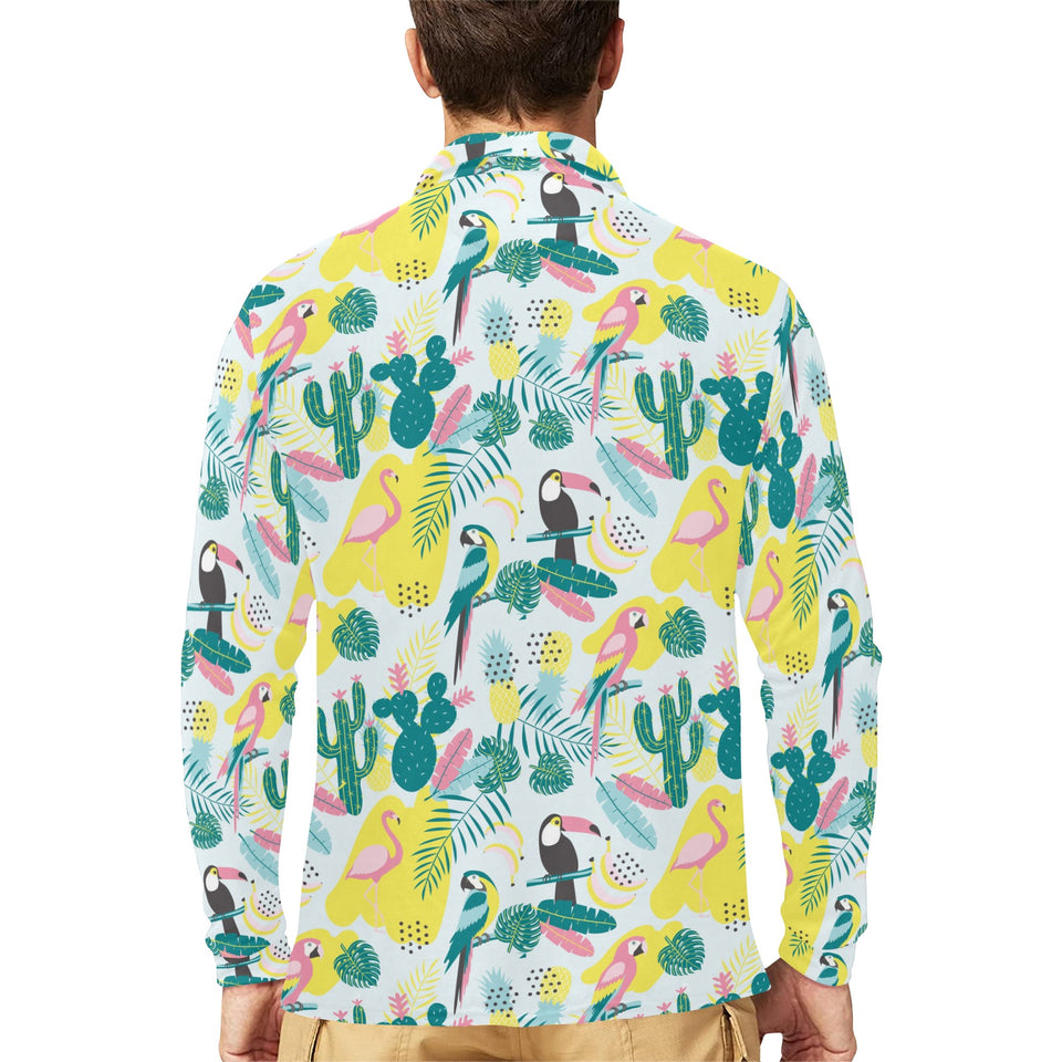 Cute parrot toucan flamingo cactus exotic leaves p Men's Long Sleeve Polo Shirt