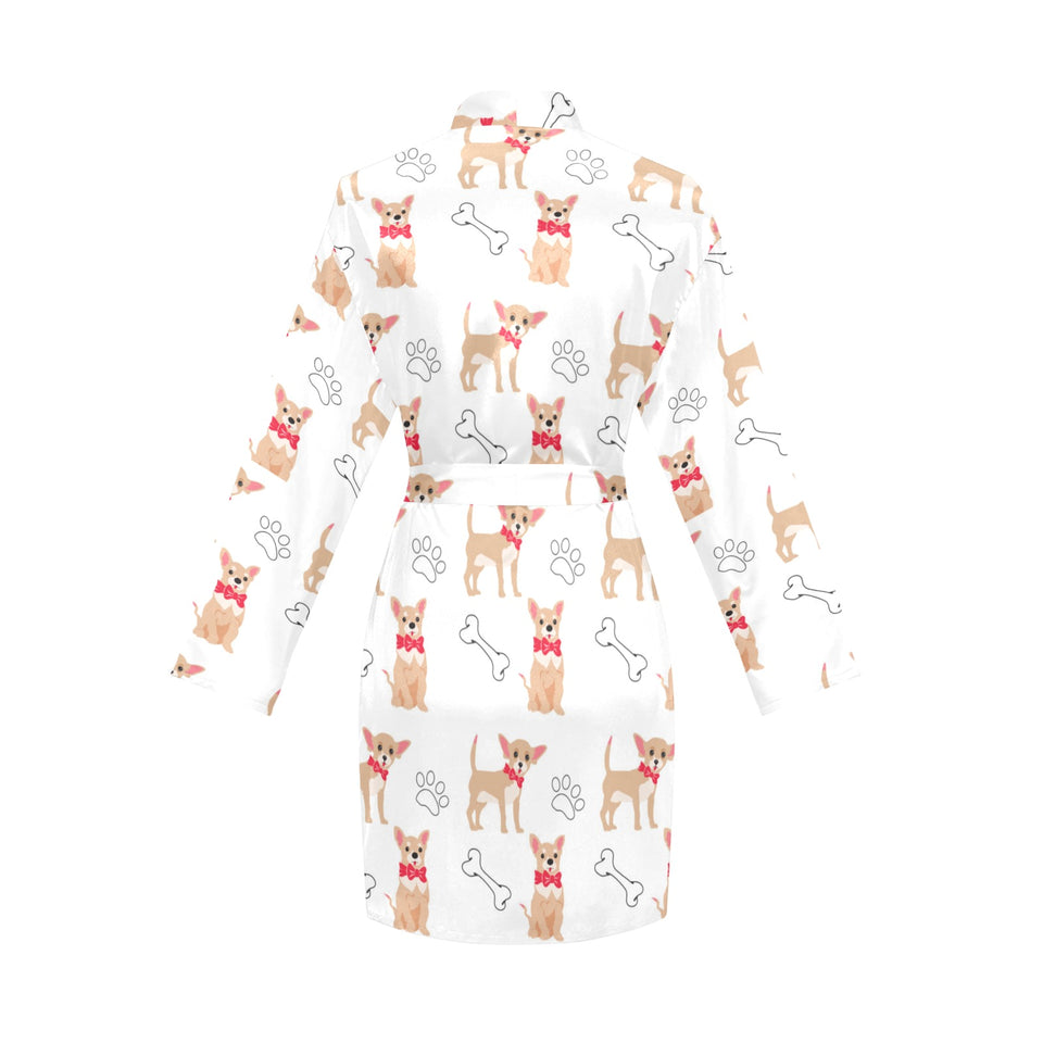 Chihuahua bone paw pattern Women's Long Sleeve Belted Night Robe