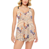 Cute rooster chicken cock floral ornament backgrou Chest Sexy Pleated Two Piece Swim Dress