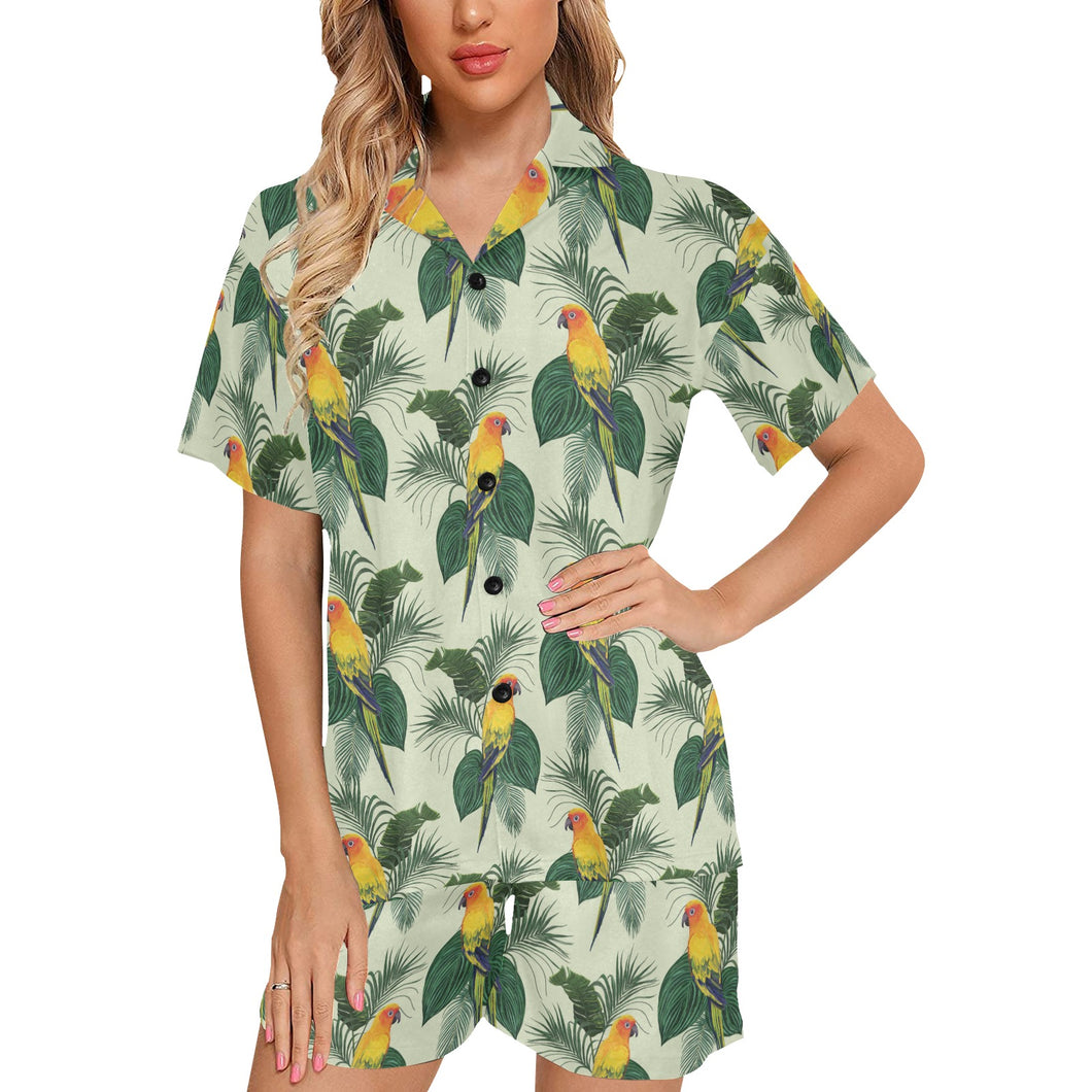 Beautiful parrot palm leaves pattern Women's V-Neck Short Pajama Set