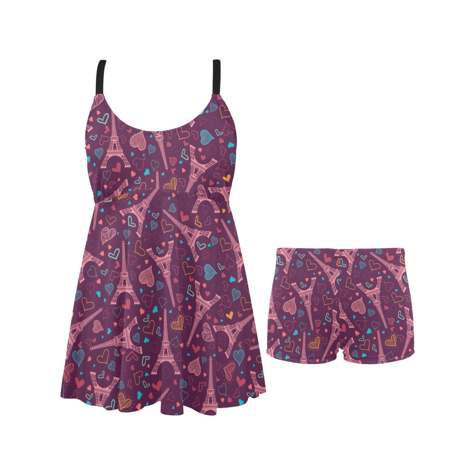 Eiffel Tower Heart Pattern Print Design 04 Chest Sexy Pleated Two Piece Swim Dress