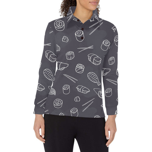 sushi pattern black background Women's Long Sleeve Polo Shirt