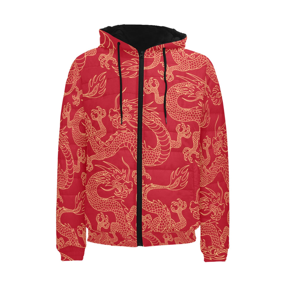 Gold dragons red background Men's Padded Hooded Jacket