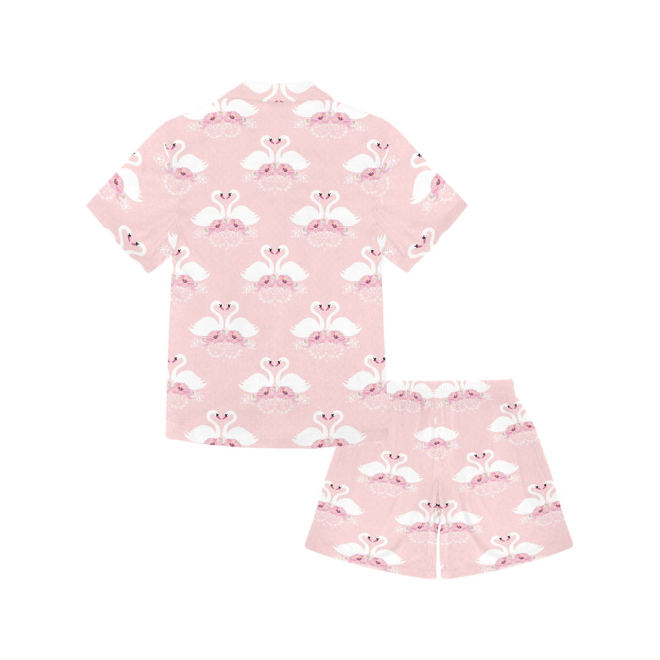 White swan and flower love pattern Kids' Boys' Girls' V-Neck Short Pajama Set