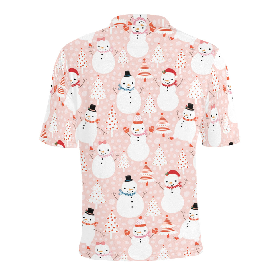 Cute snowman christmas tree snowpink background Men's All Over Print Polo Shirt