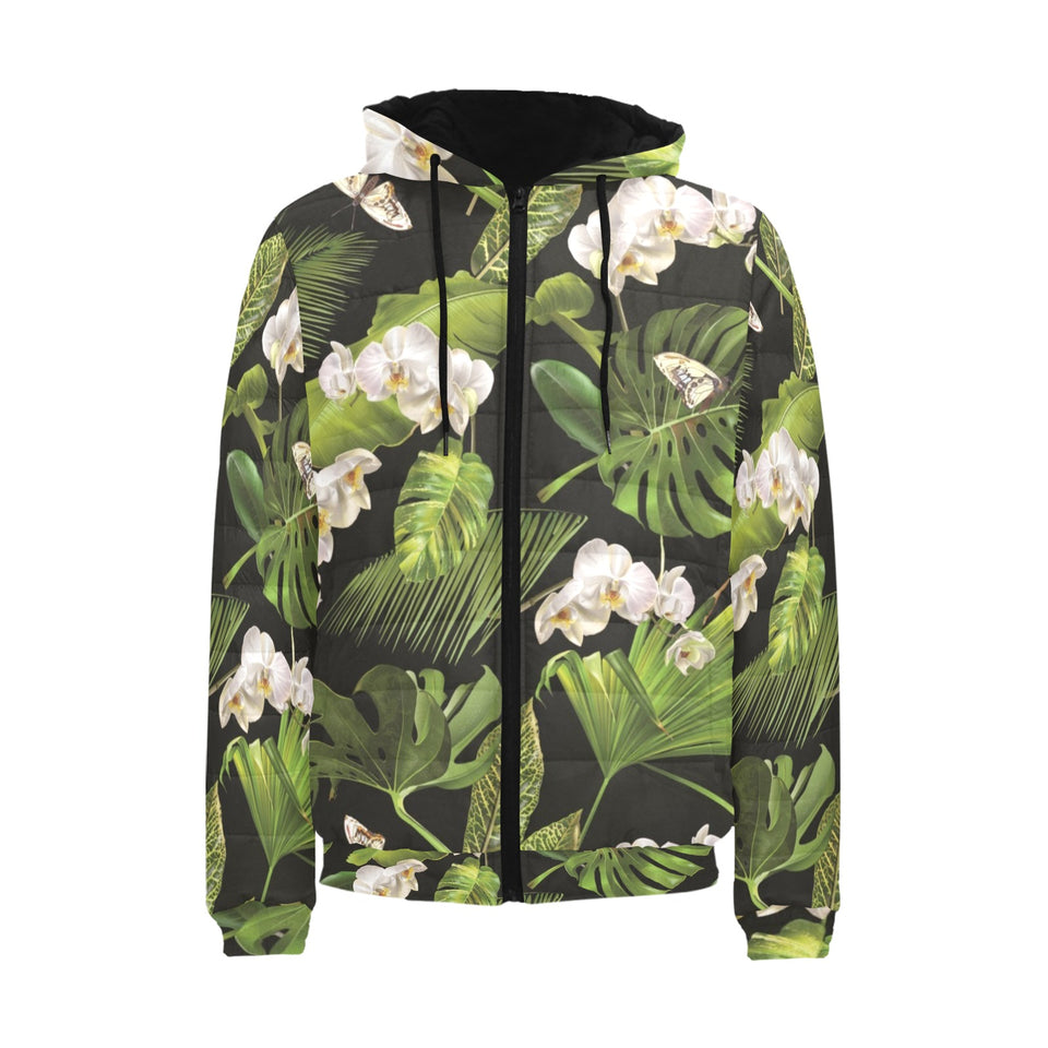 White orchid flower tropical leaves pattern blackg Men's Padded Hooded Jacket