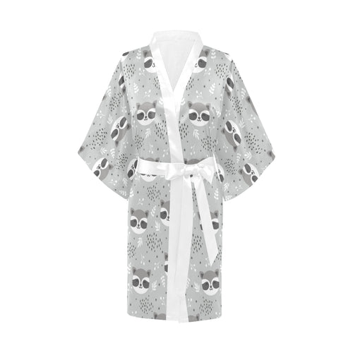 Cute raccoons leaves dot Women's Short Kimono Robe