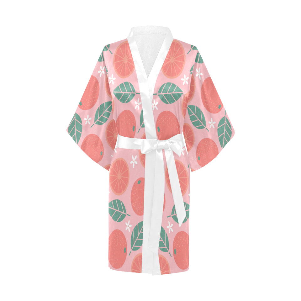 Grapefruit leaves flower pink background Women's Short Kimono Robe