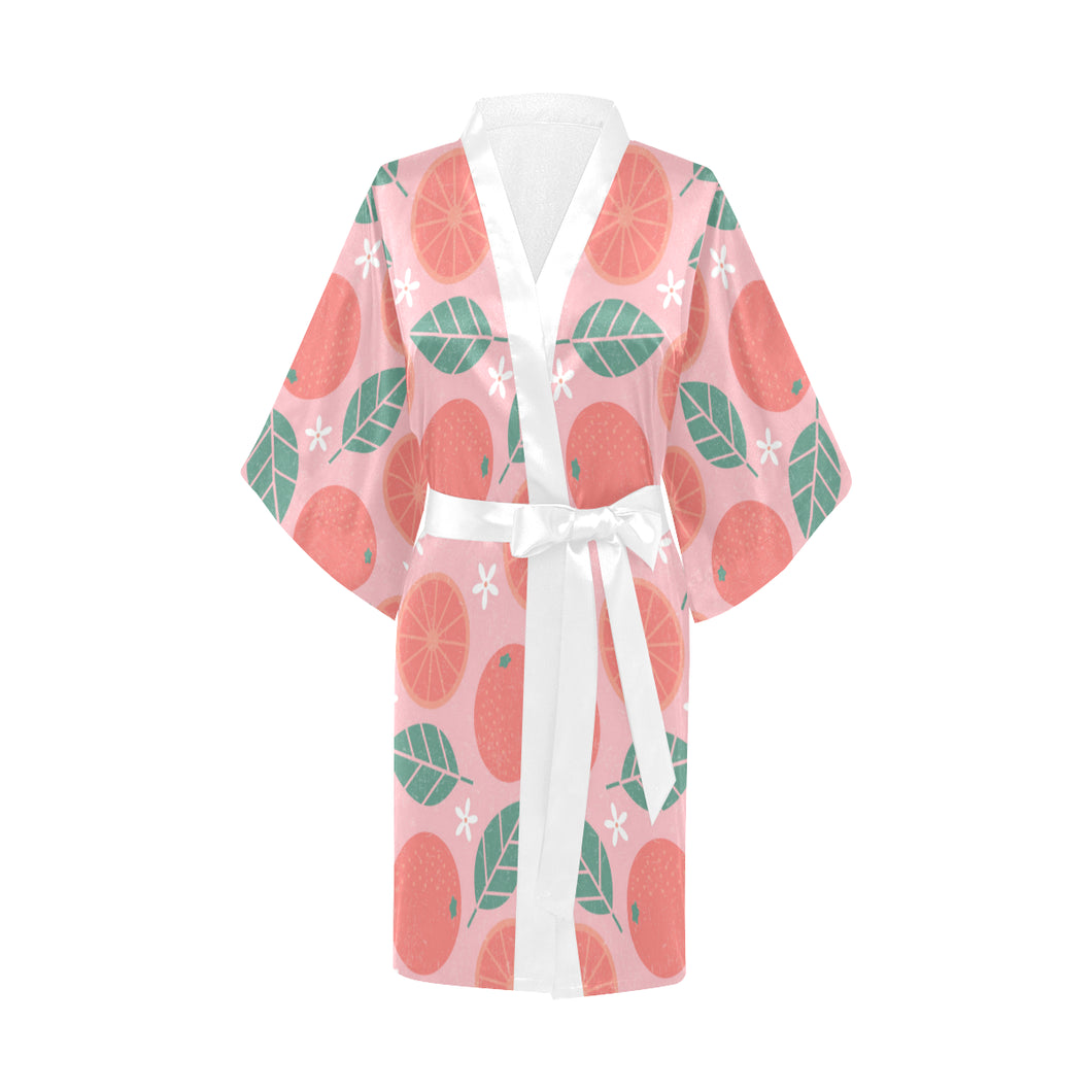 Grapefruit leaves flower pink background Women's Short Kimono Robe