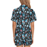 Skull flower roses leave pattern Women's V-Neck Short Pajama Set