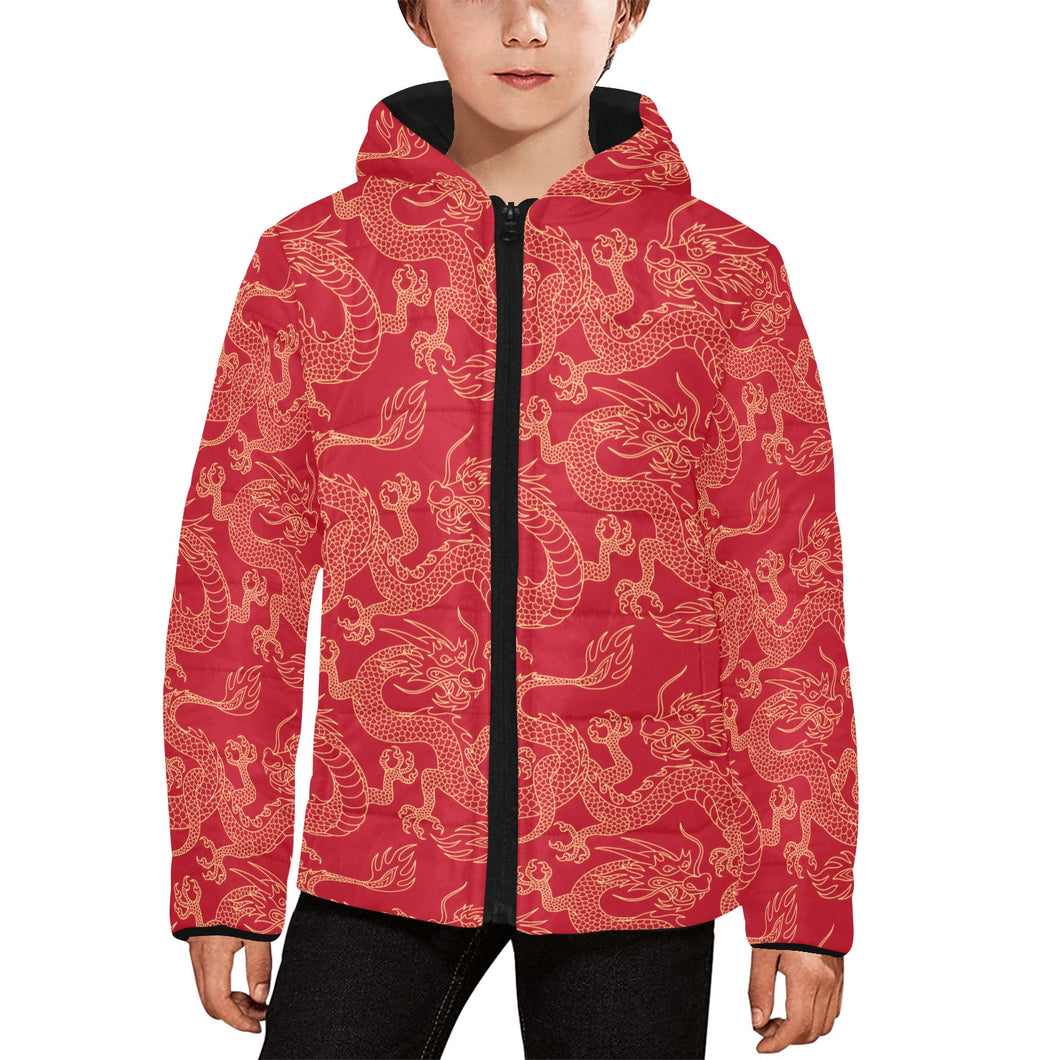 Gold dragons red background Kids' Boys' Girls' Padded Hooded Jacket