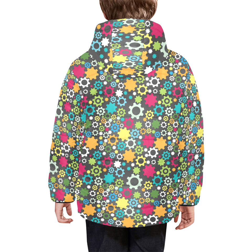 Gear Pattern Print Design 03 Kids' Boys' Girls' Padded Hooded Jacket