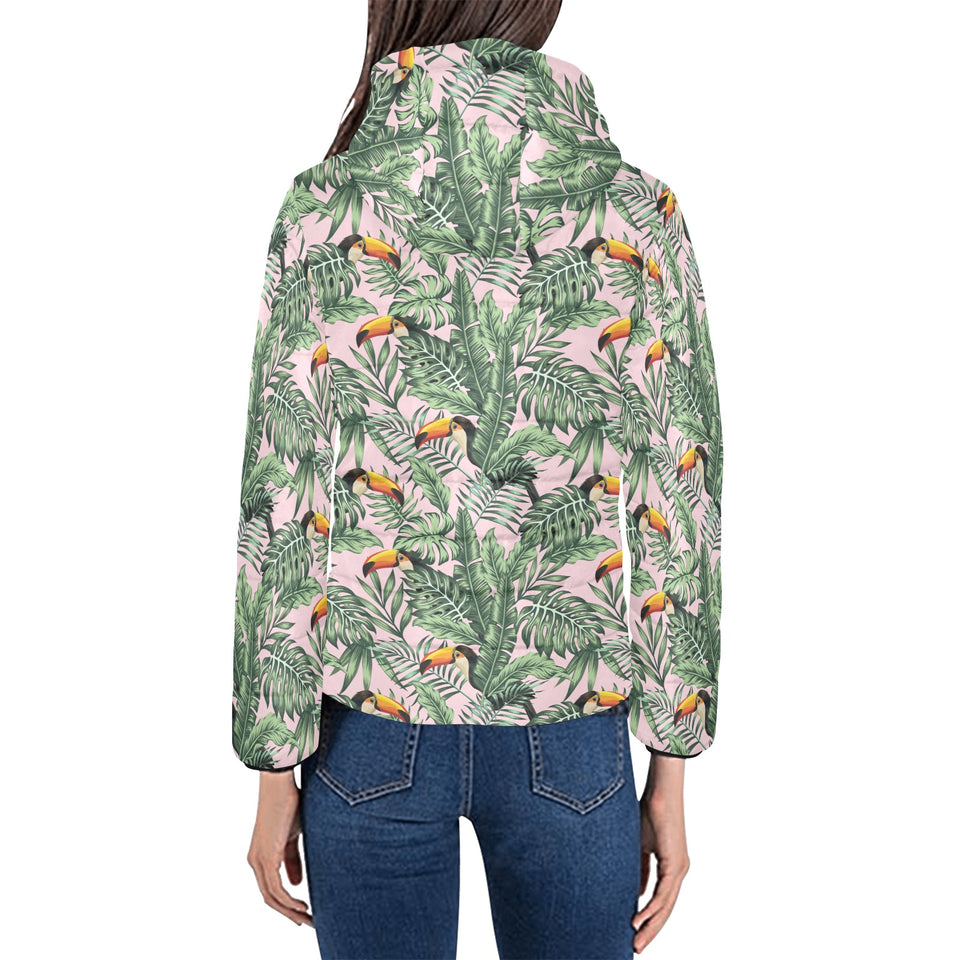 Toucan tropical green jungle palm pattern Women's Padded Hooded Jacket