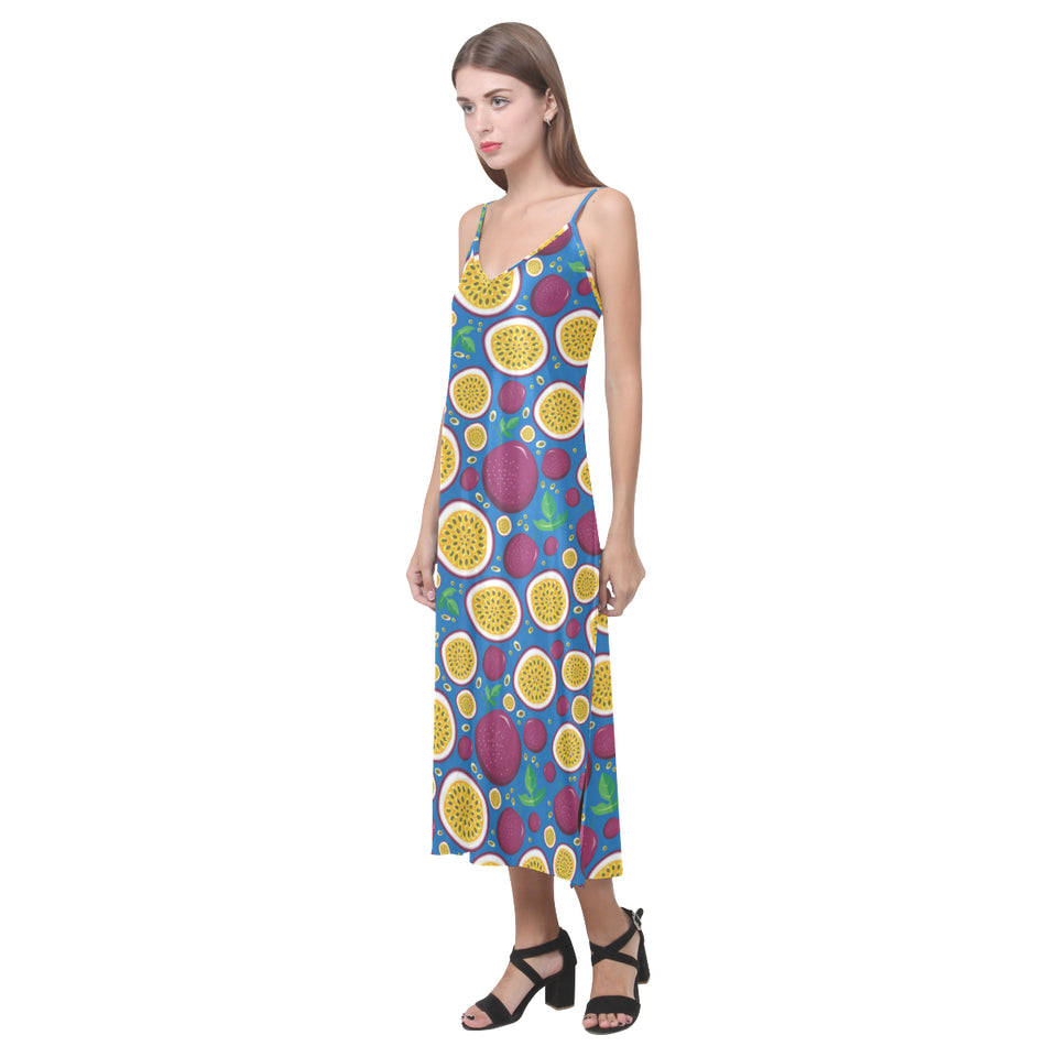 Passion fruit blue background V-Neck Open Fork Long Dress