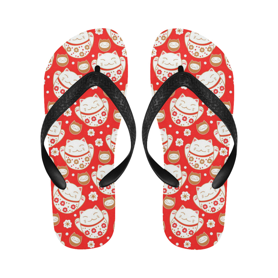 Cute Maneki neko cat red background Unisex Flip Flops