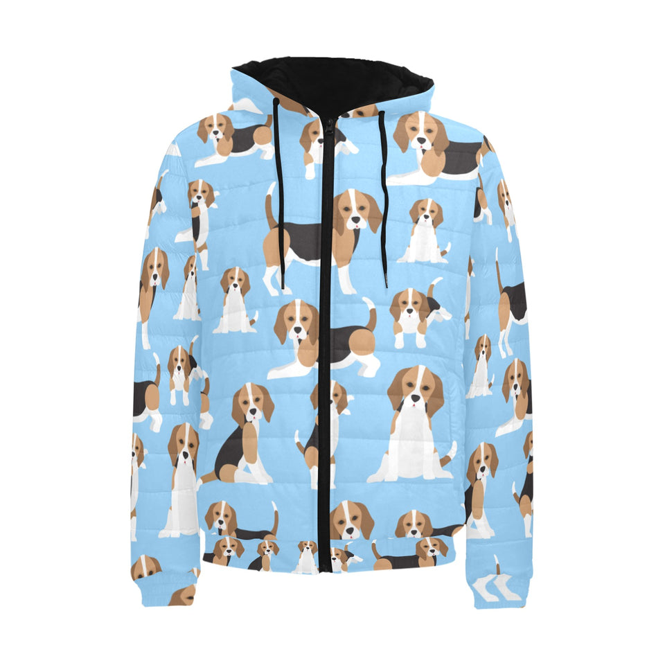 Beagle dog blue background pattern Men's Padded Hooded Jacket