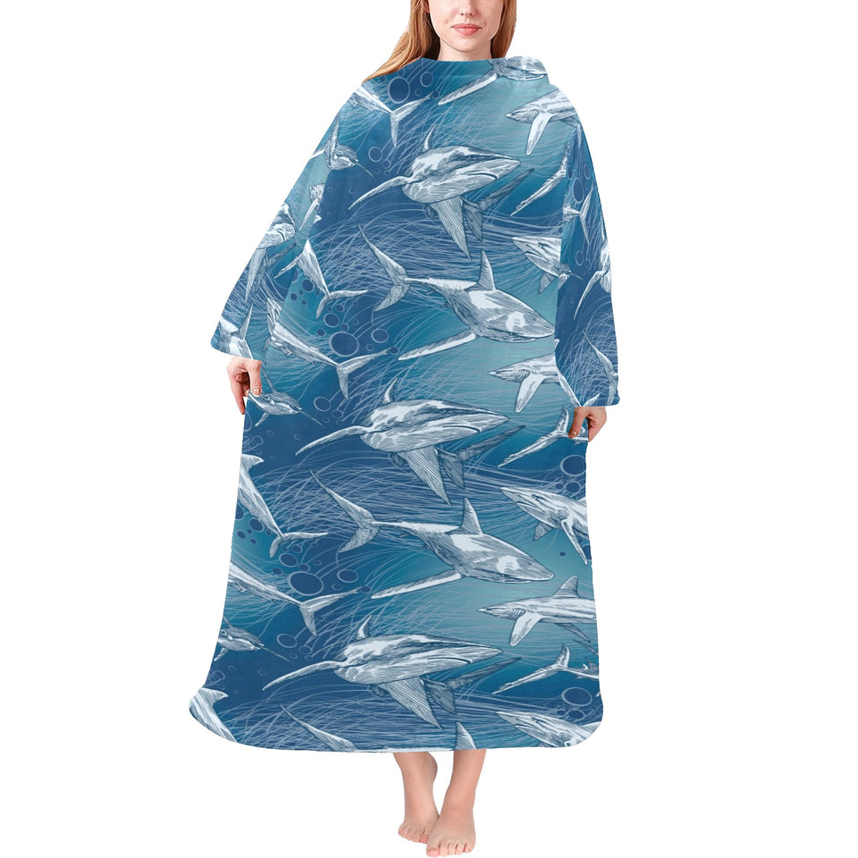 Shark hand drawn Blanket Robe with Sleeves