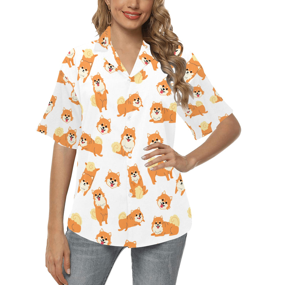 Brown pomeranian pattern Women's All Over Print Hawaiian Shirt
