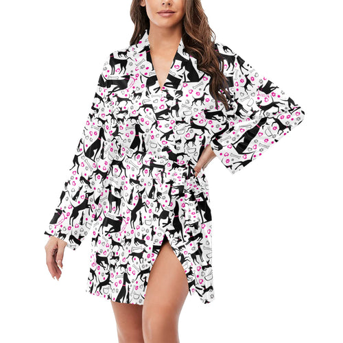 Greyhound Pattern Print Design 02 Women's Long Sleeve Belted Night Robe