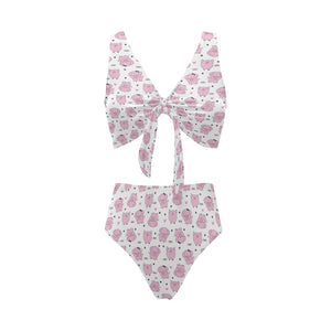 Pig Pattern Print Design 03 Chest Bowknot High Waisted Bikini Swimsuit