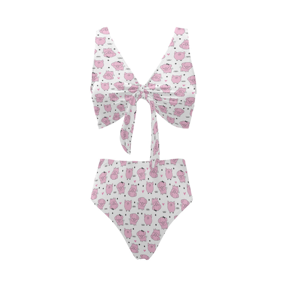 Pig Pattern Print Design 03 Chest Bowknot High Waisted Bikini Swimsuit