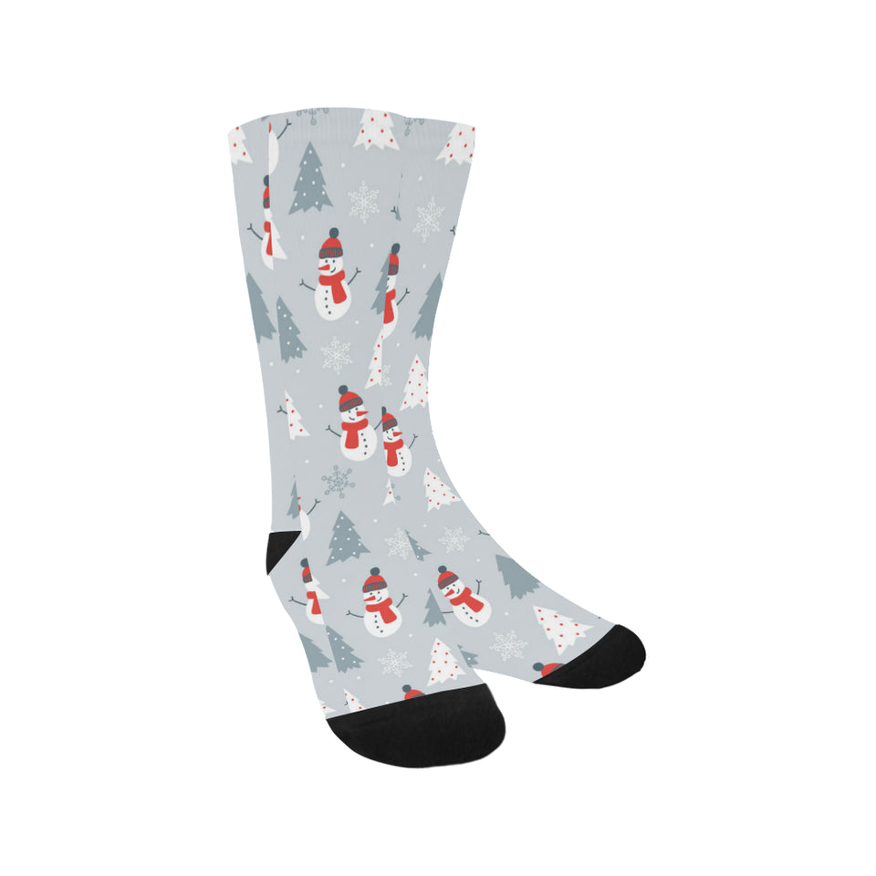 Snowman christmas  tree snow gray background Crew Socks